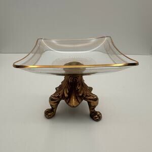 Vintage Flamingo Glass Brass Candy Dish Art Deco Hollywood Regency Style EUC